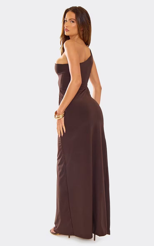 Ego - One Shoulder Asymmetric Cut Out Split Leg Detail Maxi Dress In Chocolate Brown