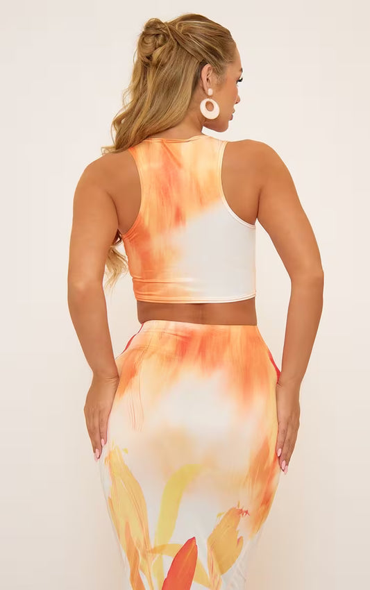 Ego - Mid Waist Maxi Skirt In Orange Floral Print