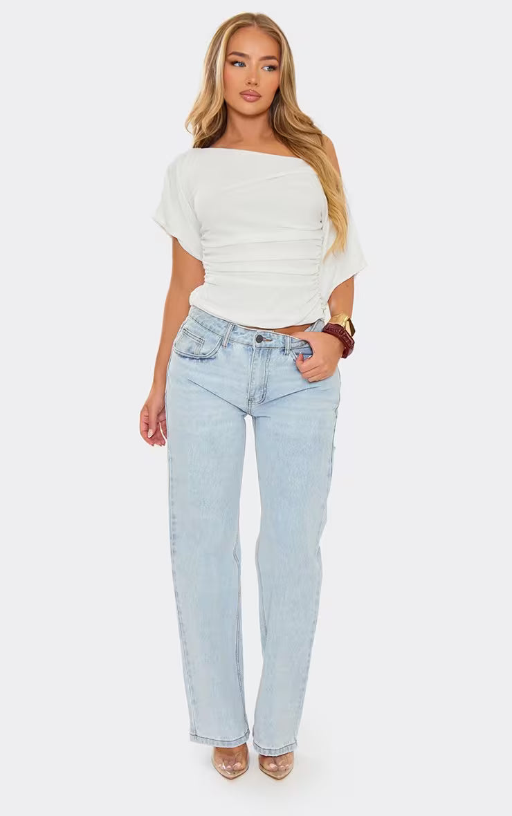 Ego - Slash Neck Ruched Detail Top In White