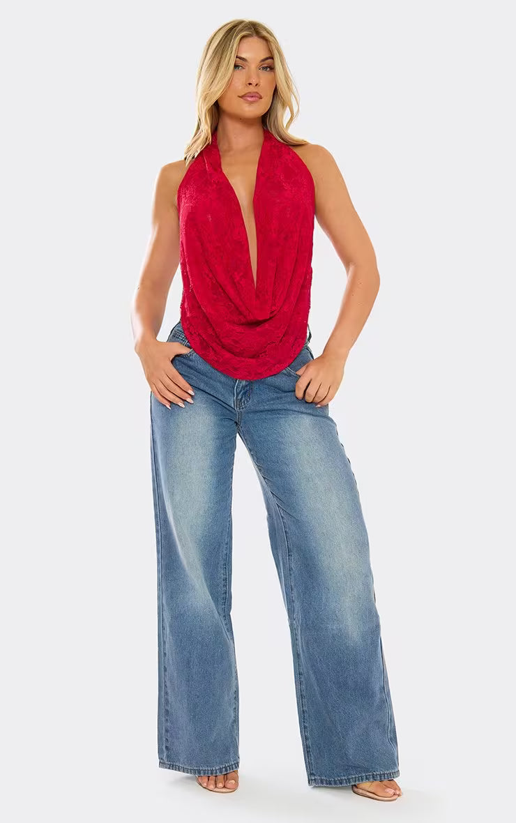 Ego - Extreme Cowl Neck Top In Red Lace
