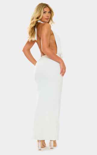 Ego - Choker Neck Extreme Cowl Drape Over Maxi Dress In White Slinky