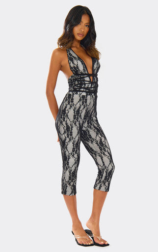 Ego - Halterneck Tie Detail Capri Jumpsuit In Black Lace