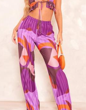 Plt - Pink Print Plisse High Waist Wide Leg Trousers