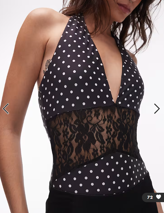Asos - premium slinky halter neck bodysuit with lace panel in polka