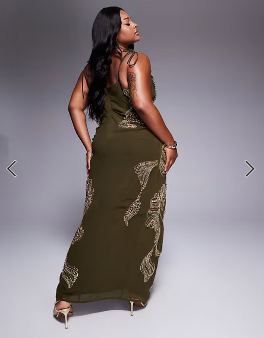 ASOS DESIGN Curve draped skirt overlay maxi dress with dropped waist and embellishment in khaki