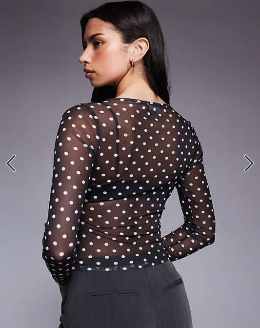 ASOS DESIGN mesh long sleeve top in black and white polka dot