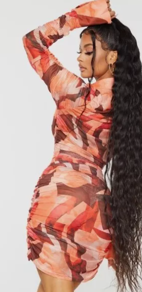 Multi Abstract Print Mesh Ruched Oversized Cuff Shirt Dress