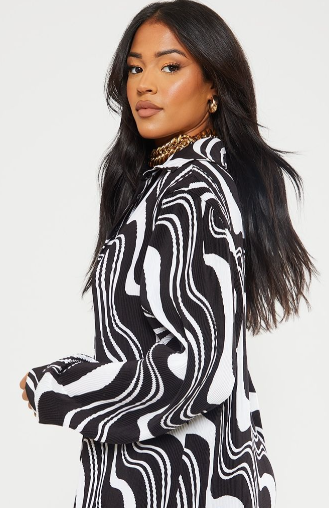 Tall Black Wave Printed Plisse Oversized Shirt