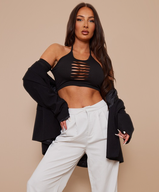 Black Slash Front Halter Cold Shoulder Crop Top
