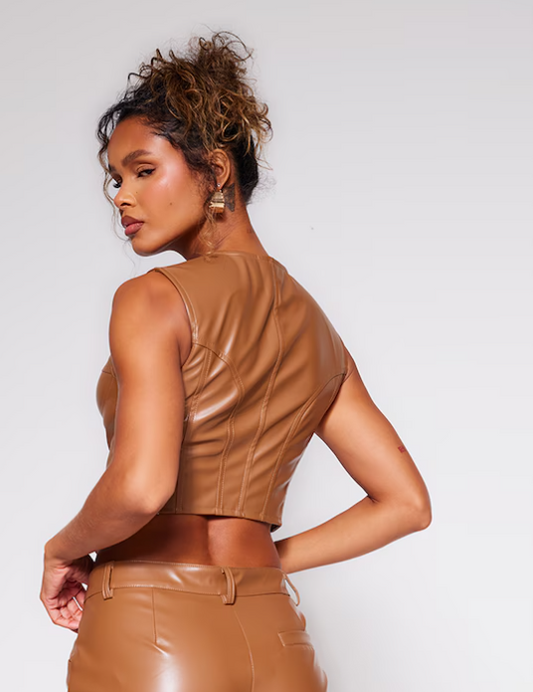 Stone Faux Leather Corset Detail Long Top
