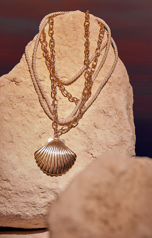 Gold Rope & Chain Shell Detail Statement Necklace