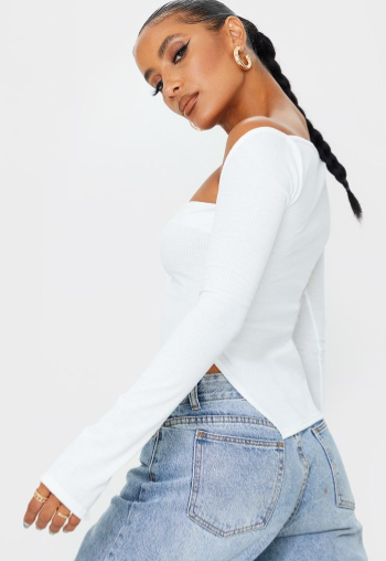 White Rib Sweetheart Neck Dip Hem Long Sleeve Top
