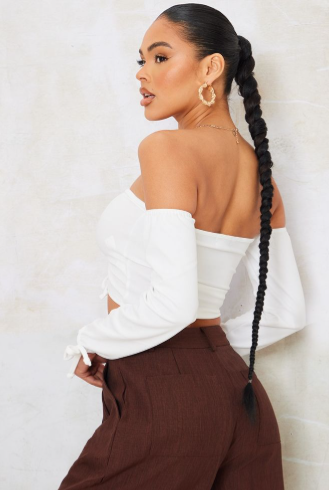 Recycled White Ruched Detail Bardot Long Sleeve Crop Top