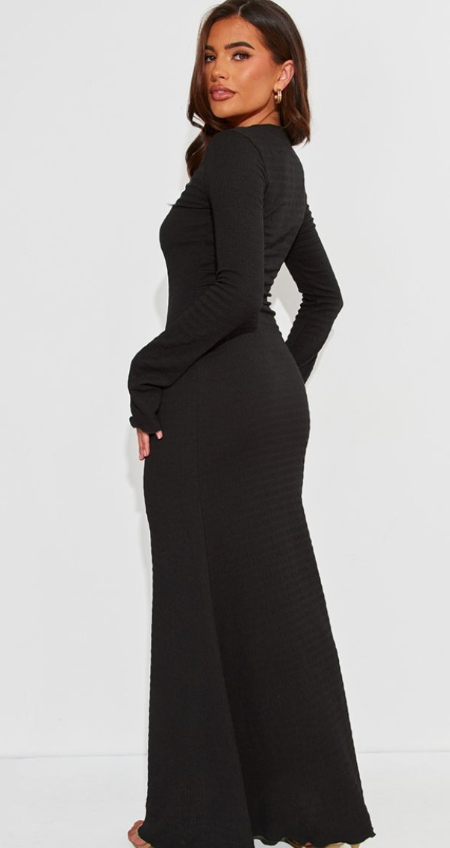 Plt - Black Crinkle Textured Lettuce Hem Long Sleeve Maxi Dress