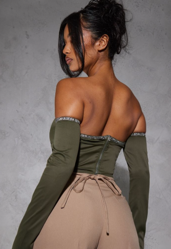 Khaki Woven Diamante Trim Bardot Long Sleeve Corset