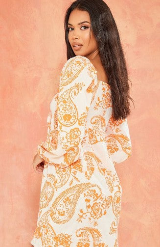 Orange Paisley Print Tie Front Bardot Shift Dress