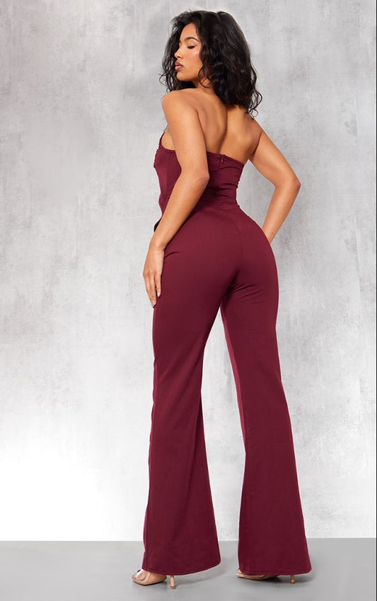 Cherry Red Ruch Pointed Corset Bandeau Jumpsuit