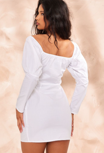 White Bardot Corset Button Detail Bodycon Dress