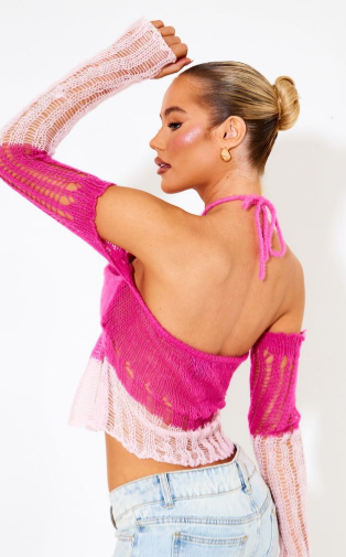 Pink Contrast Eyelash Knit Top With Sleeves