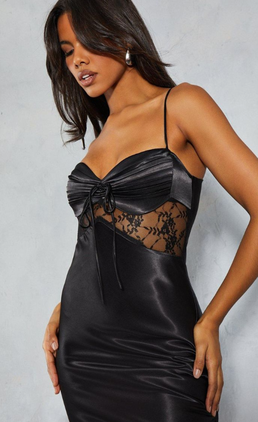 Satin Pleated Bust Lace Insert Dress