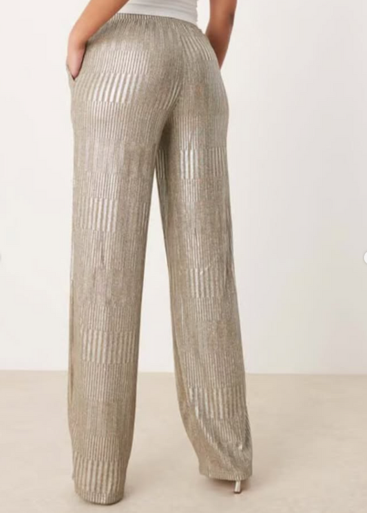 JDY Petite ribbed wide leg trousers in silver