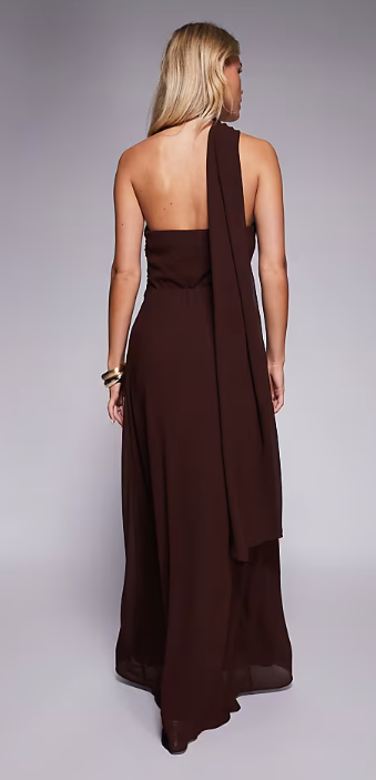 Asos - TFNC Petite one shoulder scarf neck maxi dress in chocolate