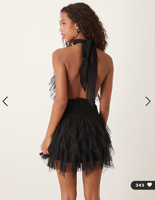 Lace & Beads ruffle halter drop hem mini dress in black