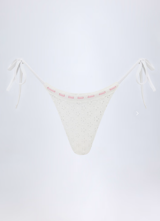 OhPolly - Broderie Anglaise Side-Tie Thong Bikini Bottoms in White