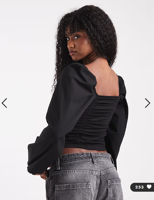 Pieces ruched long sleeve blouse in black