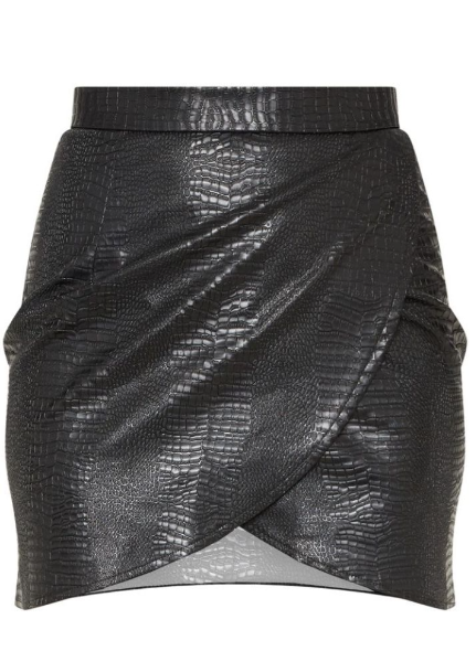 Tall Black Snake Effect Faux Leather Wrap Skirt