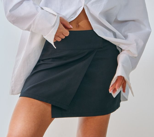 Black Woven Tailored Wrap Mini Skirt