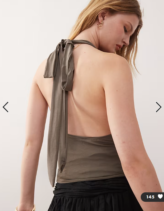 Weekday plunge drape front halter neck top with low back in dark mole