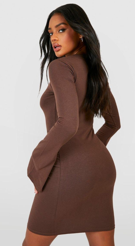 Premium Super Soft Flare Cuff Mini Dress - chocolate