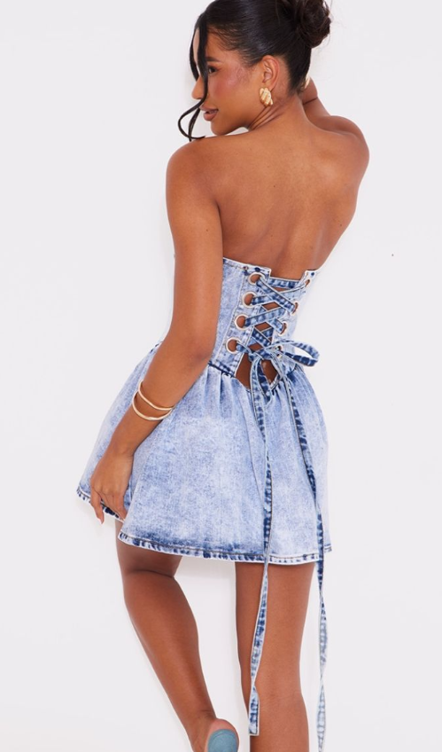 Ice Blue Lace Up Corset Style Back Denim Puffball Dress
