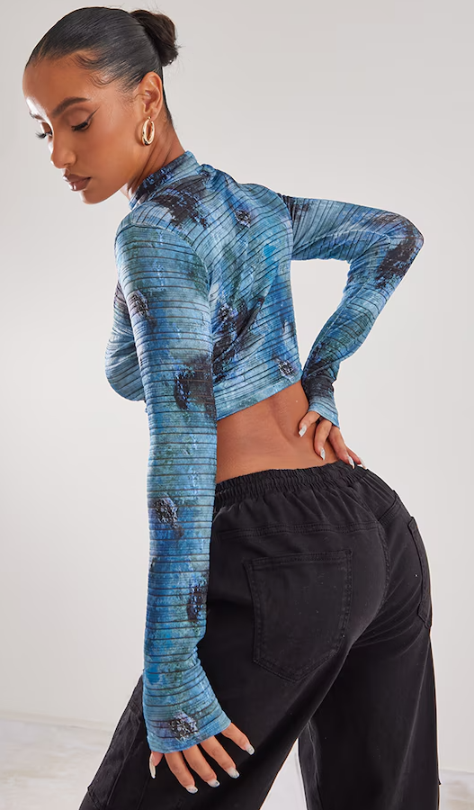 Dark Blue Printed Burnout High Neck Crop Top