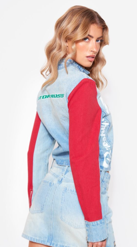 Light Blue Wash Racer Slogan Zip Front Fitted Denim Jacket