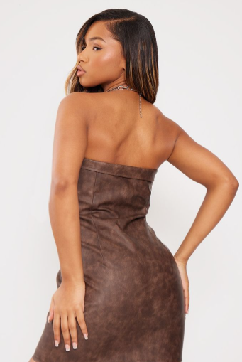 Brown Faux Leather Zip Detail Mini Dress