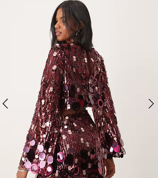ASOS EDITION embellished sequin long sleeve crop top co-ord in burgundy