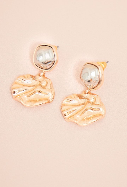Gold Crinkle Drop Stud Earrings