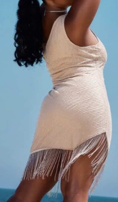 Nude Premium Embellished One Shoulder Tassel Hem Bodycon Dress