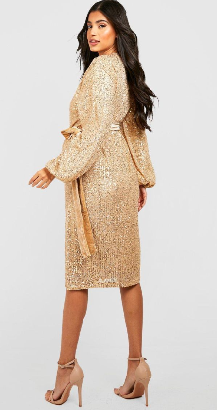 Boohoo Maternity Sequin Puff Sleeve Belt Midi Dress - bronze
