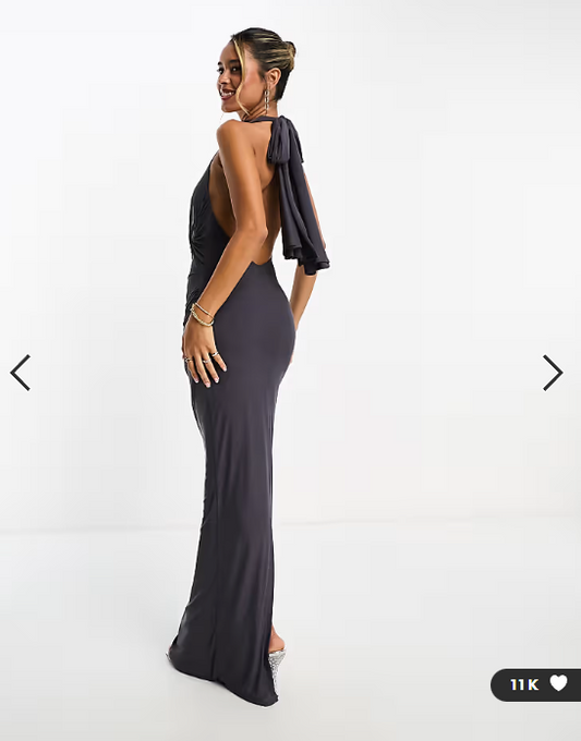 ASOS DESIGN mesh twist bust detail halter maxi dress with tie back neck in charcoal grey