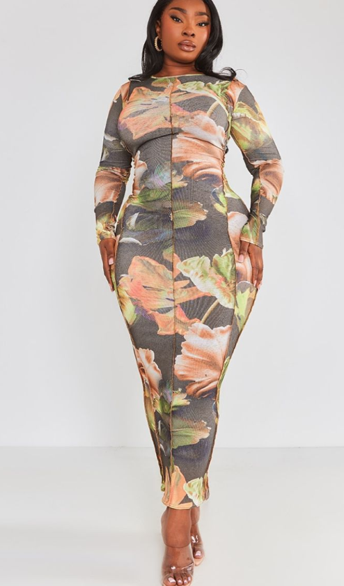Plus Khaki Multi Floral Print Overlock Detail Long Sleeve Maxi Dress