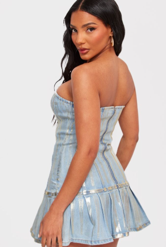 Gold Metallic Coated Denim Bandeau Skater Dress