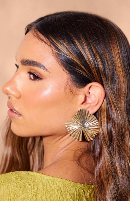 Gold Textured Large Floral Stud Earrings