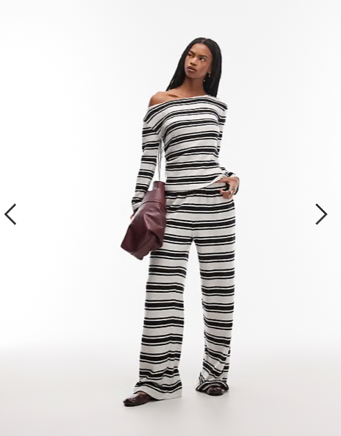 ASOS DESIGN brushed off shoulder long sleeve corset waist t-shirt in stripe