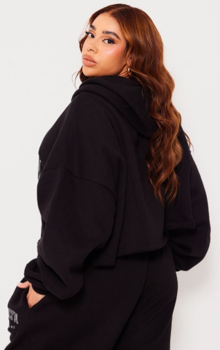 Plus Black Brooklyn Embroidered Raw Hem Cropped Hoodie