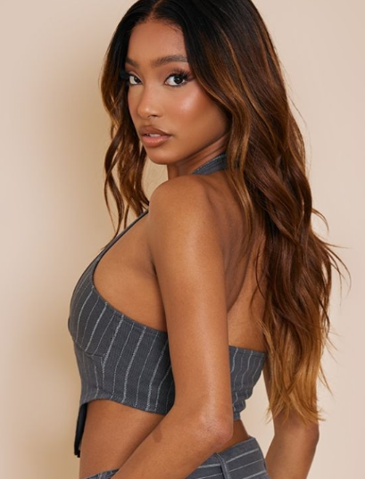 Charcoal Pinstripe Denim Halterneck Top