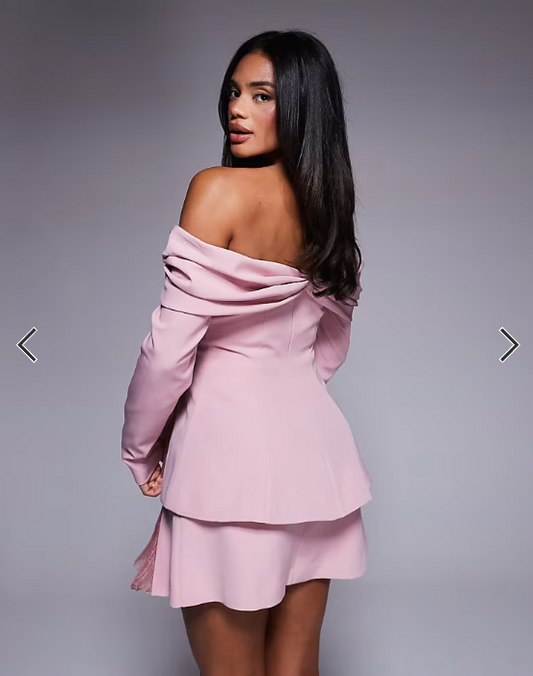 ASOS LUXE off the shoulder tailored blazer with organza pleats in dusty pink - part of a set