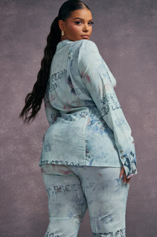 Plus Blue Vintage Floral Print Chiffon Fitted Shirt